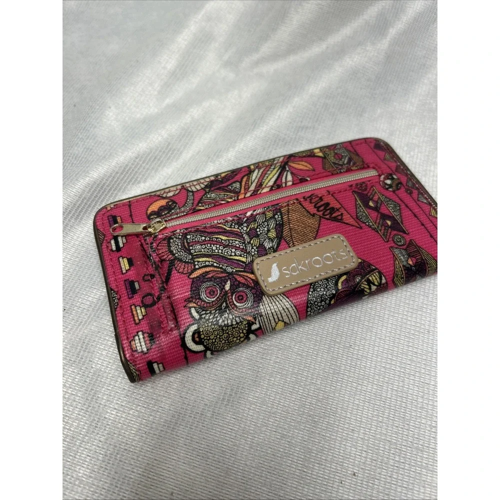 Sakroots Pink Embroidered Owl Boho Style Card Holder Clutch Wallet 12 Card Slots